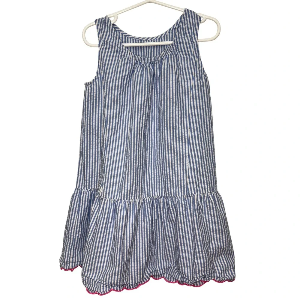 Crewcuts Girls Blue White Striped Seersucker Drop Waist Dress Pink Scallop 6